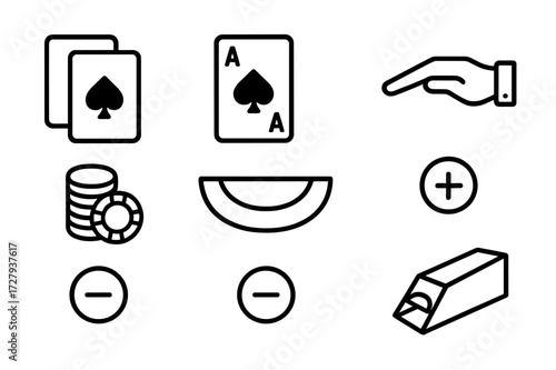 Blackjack Icon Set. Outline icon set of blackjack game elements: playing cards, ace of spades, dealer hand, chip stack, blackjack table, hit button, stand