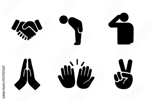 Respect Gesture Icons. Solid, filled icon set of gestures of respect: handshake, bowing figure, folded hands, salute, thumbs up, applause, high five, peace