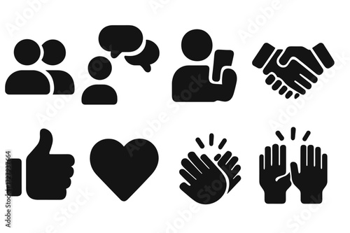 Vibes Icon Set. Solid, filled icon set of vibes social: friends, group chat, selfie, handshake, thumbs up, heart emoji, clapping hands, high five. Solid,