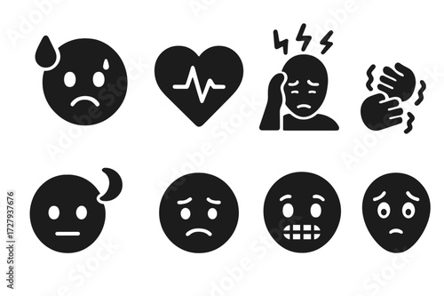 Stress Alert Icons. Solid, filled icon set of stress warning signs: sweating face, rapid heartbeat, headache, shaking hands, sleeplessness, frown, clenched