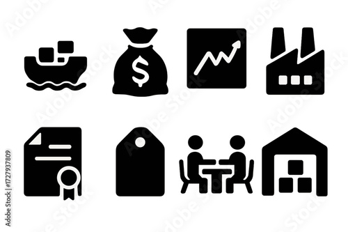 Nickel Trade Icons. Solid, filled icon set of nickel market and trade: cargo ship, money bag, stock chart, factory, contract, price tag, trading floor,