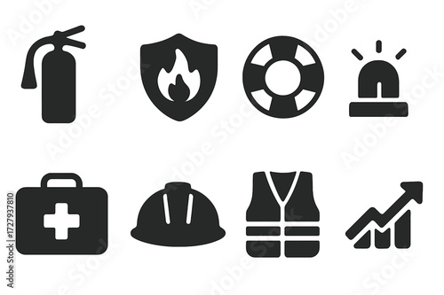 Disaster Recovery Icons. Solid, filled icon set of disaster recovery: fire extinguisher, shield with flame, lifebuoy, emergency alarm, first aid kit, helmet,