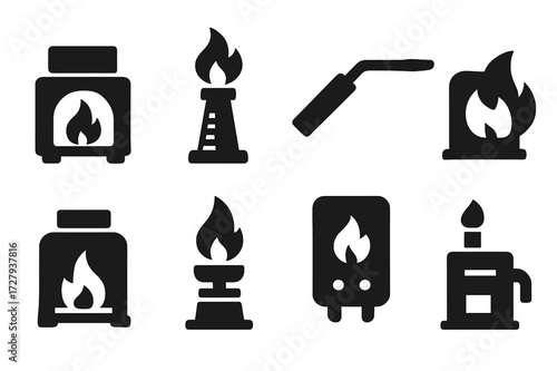 Industrial Flame Icons. Solid, filled icon set of industrial flames: furnace flame, refinery burner, welding flame, kiln fire, gas torch, boiler flame, metal