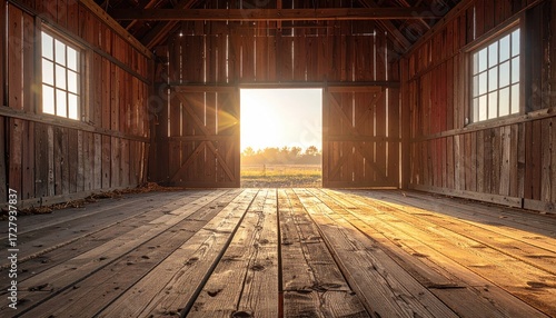 Sunlit interior of an old wooden barn, open doors revealing a tranquil field at sunset.  The worn wooden floor and walls showcase age and rustic charm