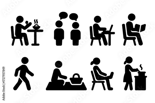 Lunchtime Icon Set. Solid, filled icon set of lunch time activities: eating, chatting, working, reading, walking, picnicking, relaxing, cooking. [Line icons in
