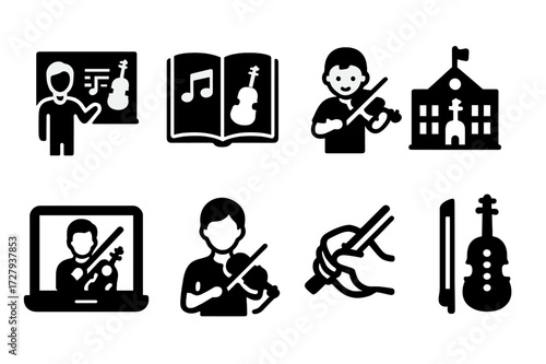 Violin Education Icons. Solid, filled icon set of violin in education: violin teacher, music notes book, beginner violin, school recital, online lesson,