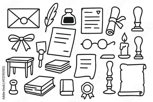 Vintage Desk Essentials. Hand-drawn doodle illustration Vintage correspondence envelope, quill, ink bottle, letter, scroll, wax seal, stamp, ribbon, paper,