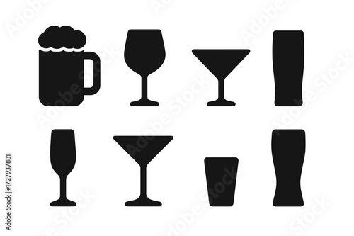 Alcoholic Drink Icons. Solid, filled icon set of alcoholic drinks: beer mug, wine glass, cocktail glass, whiskey tumbler, champagne flute, martini glass, shot