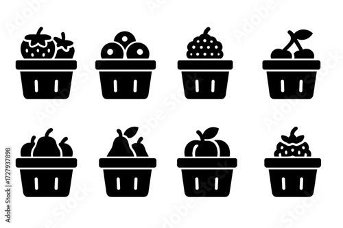 Fruit Basket Icons. Solid, filled icon set of fruit picking baskets: basket with strawberries, basket with blueberries, basket with raspberries, basket with
