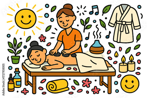 Colorful Spa Retreat. Spa treatment. Colorful Hand-drawn doodle Children illustration Massage table, therapist, client, candles, flower petals, essential oils,