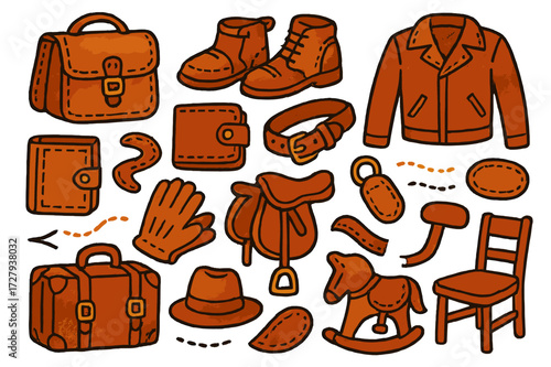 Colorful Leather Doodles. Aged leather. Colorful Hand-drawn doodle Children illustration Leather bag, shoes, wallet, belt, jacket, gloves, suitcase, hat,