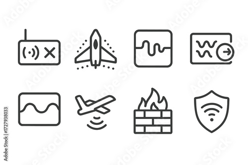 Electronic Warfare Icons. Outline icon set of electronic warfare countermeasures: anti-jamming system, stealth technology, signal filter, frequency changer,