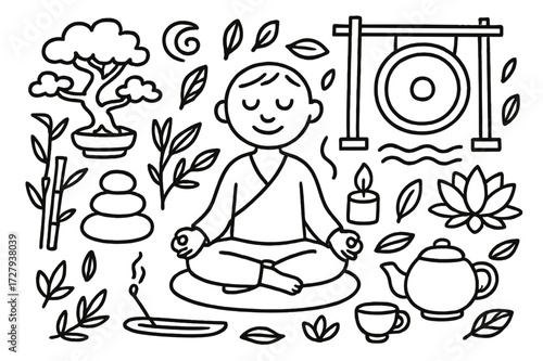 Zen Meditation Icons. Hand-drawn doodle illustration Zen space meditation person cross-legged, bonsai tree, rock, bamboo, candle, incense stick, cushion, lotus
