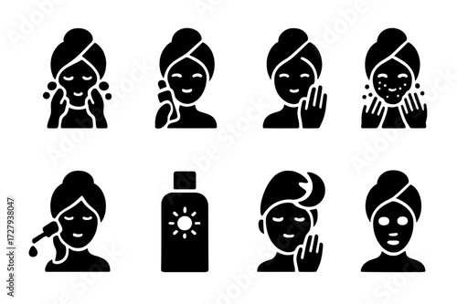 Skincare Routine Icons. Solid, filled icon set of skin care routine steps: cleansing, toning, moisturizing, exfoliating, applying serum, sun protection, night