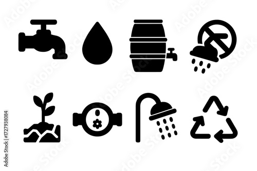 Eco Water Icons. Solid, filled icon set of eco-friendly water saving: faucet, water drop, rain barrel, sprinkler off, drought plant, water meter, shower head,
