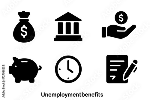 Unemployment Benefits Icons. Solid, filled icon set of unemployment benefits: money bag, government building, check document, hand with coin, piggy bank,