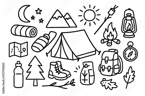 Camping Doodle Icons. Hand-drawn doodle illustration Tent camping tent, sleeping bag, backpack, campfire, lantern, compass, map, water bottle, hiking boots,