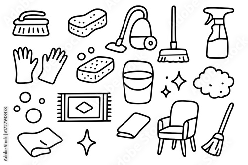 Carpet Cleaning Tools. Hand-drawn doodle illustration Carpet care essentials brush, sponge, vacuum cleaner, mop, spray bottle, gloves, soap, bucket, rug,