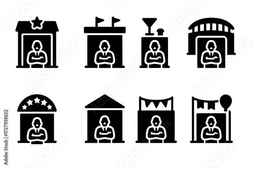 Bouncer Venue Icons. Solid, filled icon set of bouncer venue types: nightclub entrance, concert venue, bar door, stadium gate, casino entrance, event hall,