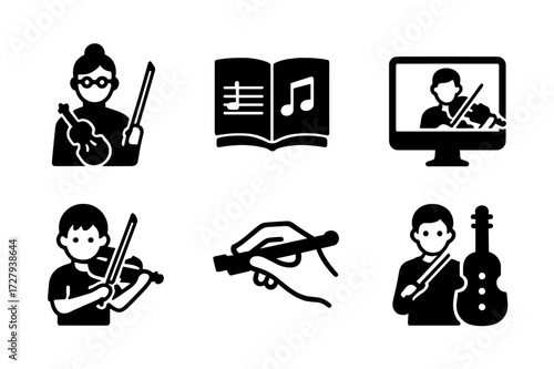 Violin Education Icons. Solid, filled icon set of violin in education: violin teacher, music notes book, beginner violin, school recital, online lesson,