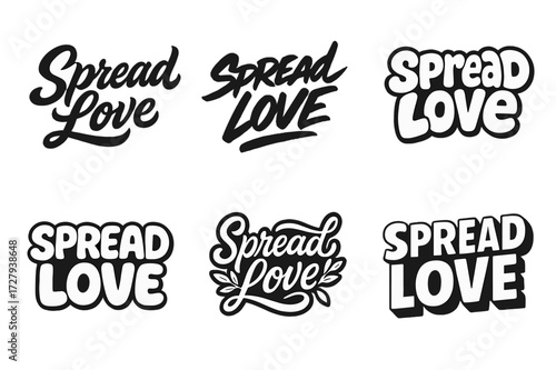 Creative Lettering Grid. Spread Love. Set lettering. harmonious lettering variations of the same emblematic concept (Bold hand-lettering with playful swashes,