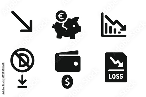 Financial Loss Icons. Solid, filled icon set of financial loss: downward arrow, broken piggy bank, declining graph, empty wallet, debt symbol, falling coin,