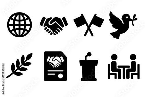 Diplomatic Icon Set. Solid, filled icon set of diplomatic compromise: globe, handshake, flags, peace dove, olive branch, treaty document, podium, negotiation