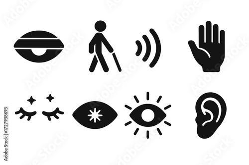 Blind Vision Icons. Solid, filled icon set of blind vision: blindfolded eye, cane tap, sound wave echo, hand feeling air, closed eyes aura, instinct spark,