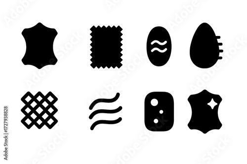 Shoe Material Icons. Solid, filled icon set of shoe materials: leather, canvas, rubber, suede, mesh, synthetic, velvet, patent leather. Solid, filled icons in