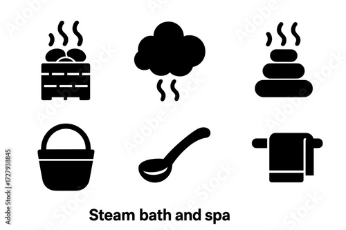 Steam Bath Icons. Solid, filled icon set of steam bath and spa: sauna stove, steam cloud, hot stones, water bucket, ladle, steam vent, bench, towel. [Line