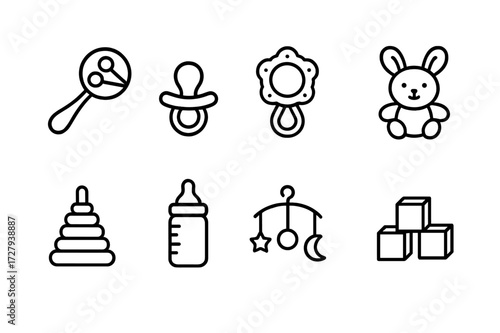 Baby Toys Icons. Outline icon set of baby toys: rattle, pacifier, teething ring, stuffed animal, stacking rings, baby bottle, crib mobile, toy blocks. Line