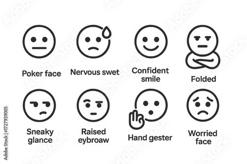 Poker Emotion Icons. Outline icon set of poker emotions: poker face, nervous sweat, confident smile, folded arms, sneaky glance, raised eyebrow, hand gesture,
