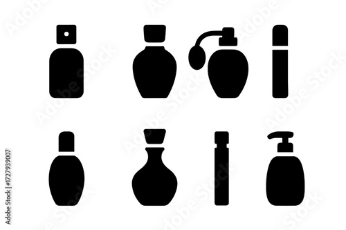 Perfume Bottle Icons. Solid, filled icon set of perfume bottles: spray bottle, classic bottle, atomizer, rollerball, travel size, decanter, vial, pump bottle.