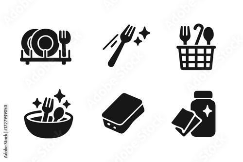 Silverware Cleaning Icons. Solid, filled icon set of silverware cleaning: dishwasher rack, rinsing utensil, drying rack, utensil basket, soaking