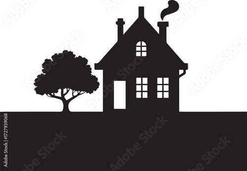 Simple black silhouette of a quaint cottage house with two chimneys, smoke, an arched window, and a full, bushy tree on an expanse of ground.