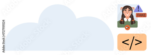 Cloud represents technology with AI-based system recognizing fake image of person. Warning triangle and coding elements underline detection accuracy. Ideal for tech, AI ethics, data security