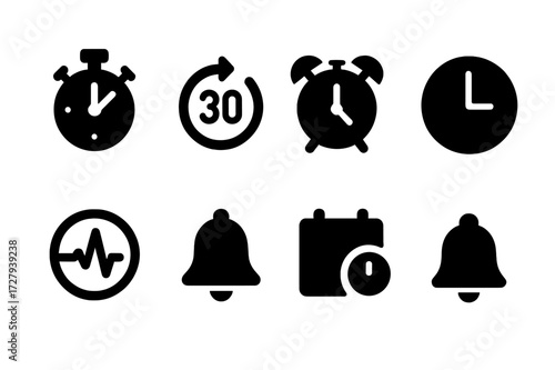 Warm-Up Timer Icons. Solid, filled icon set of warm-up timers: stopwatch, countdown, alarm, clock, interval timer, pulse, bell, calendar reminder. [Line icons