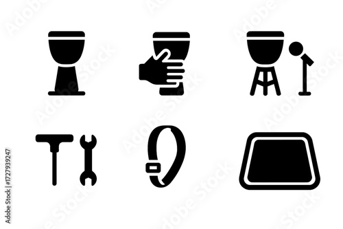 Djembe Setup Icons. Solid, filled icon set of djembe setup: floor placement, hand-held, drum stand, microphone setup, tuning tools, carrying strap, drum rug,