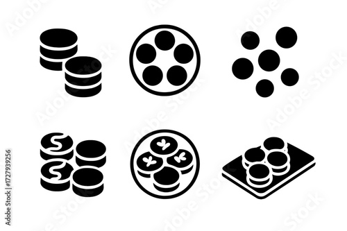 Appetizer Icon Set. Solid, filled icon set of appetizer presentation: stacked, arranged in circle, scattered, layered, drizzled sauce, garnished, plated,