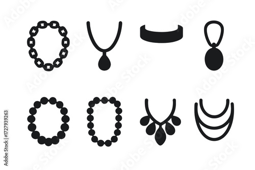 Necklace Icons Grid. Solid, filled icon set of necklace types: chain necklace, pendant necklace, choker, locket, pearl necklace, beaded necklace, statement