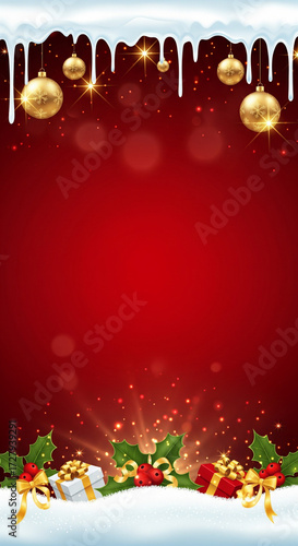 Vibrant red Christmas holiday background with shimmering golden baubles, glistening snow, festive holly, and sparkling light effects, perfect for seasonal greetings and joyful celebrations