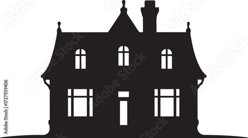 
Image Title
Striking black silhouette of an elegant two-story Victorian or Queen Anne style house with a distinctive curved mansard roof and prominent chimney.