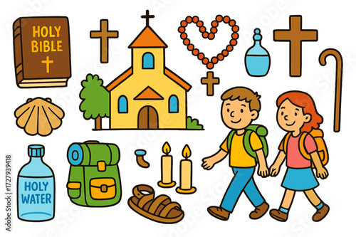 Colorful Catholic Pilgrimage Icons. Catholic pilgrimage. Colorful Hand-drawn doodle Children illustration Catholic pilgrimage church, rosary beads, holy cross,