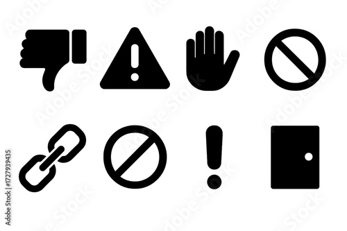 Disapproval Icon Set. Solid, filled icon set of disapproval: thumbs down hand, warning alert, stop hand, cancel circle, broken link, no entry sign, exclamation
