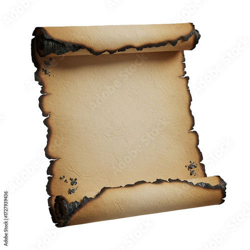Old burnt parchment scroll page, aged paper background,Ancient scroll displaying a torn and burnt old paper background texture