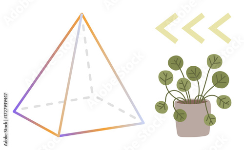 Transparent geometric pyramid outlined in gradient colors next to a potted plant with round leaves and chevron marks. Ideal for design, creativity, nature, growth, geometry, minimalism, balance