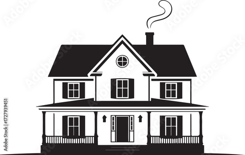 Elegant black and white silhouette of a two-story traditional American Foursquare style house with a full-width covered front porch and smoke rising from the chimney.