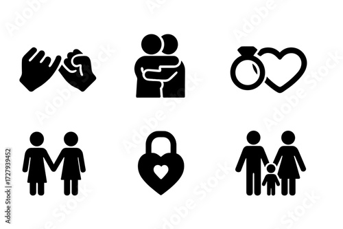 Loyalty Icon Set. Solid, filled icon set of loyalty in relationships: pinky promise, hugging figures, wedding rings, heart link, couple holding