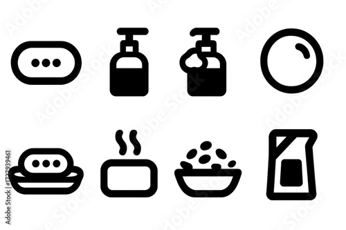Soap Icon Set. Solid, filled icon set of soap types: bar soap, liquid soap dispenser, foaming soap, soap bubble, soap dish, scented soap, soap flakes, soap