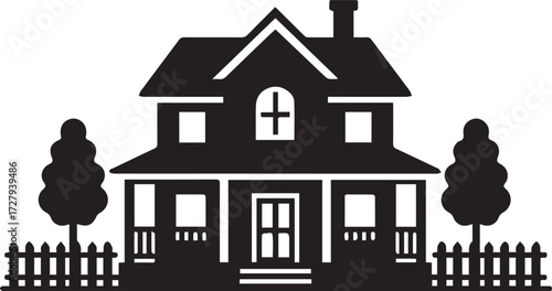 Black and white silhouette of a two-story suburban house with a covered front porch, a picket fence, and two stylized trees on either side.